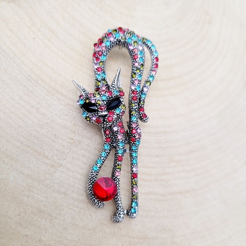 Brand New 2 In 1 Red & Blue Silver Tone Cat Rhinestone Brooch Pin & Pend…